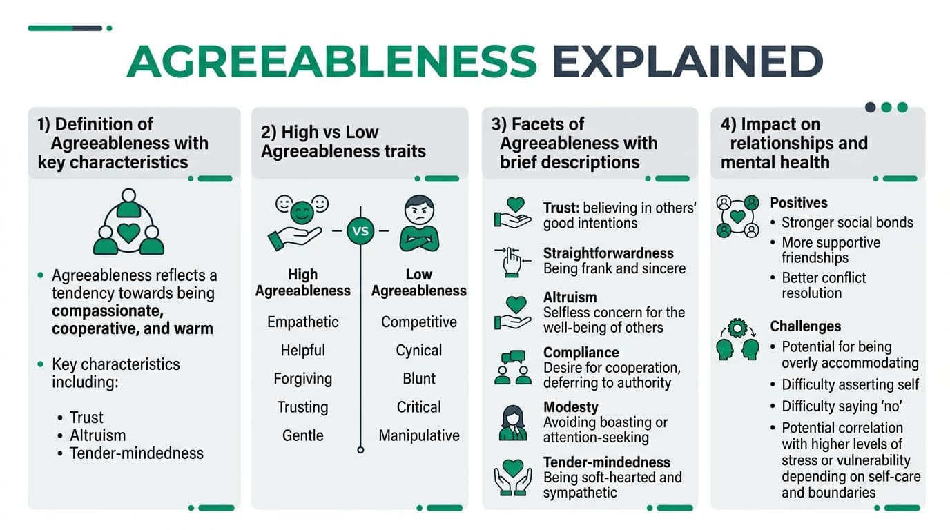 Comprehensive infographic showing the six facets of agreeableness in the Big Five personality model, including trust, straightforwardness, altruism, compliance, modesty, and tender-mindedness with workplace and relationship outcomes