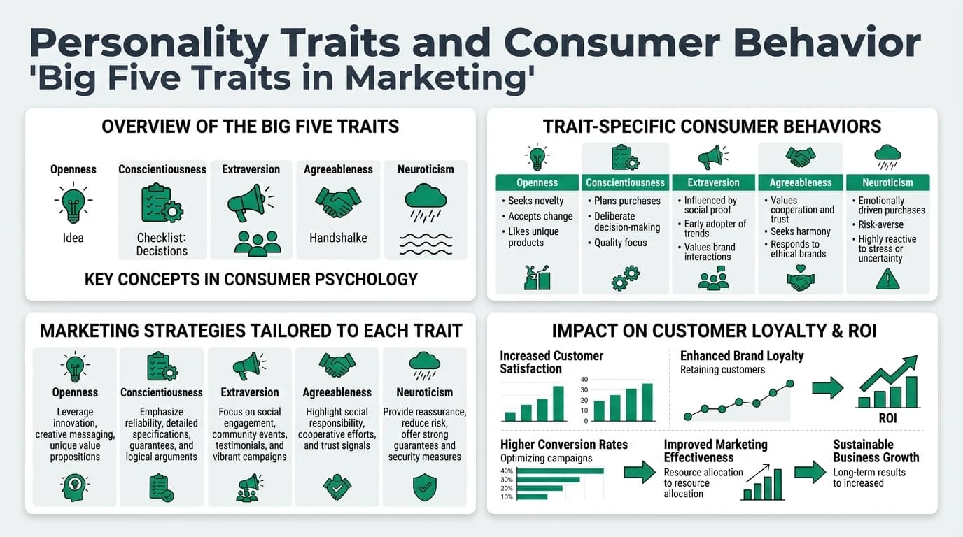 A visualization of the Big Five personality traits and their impact on consumer behavior and marketing strategies.