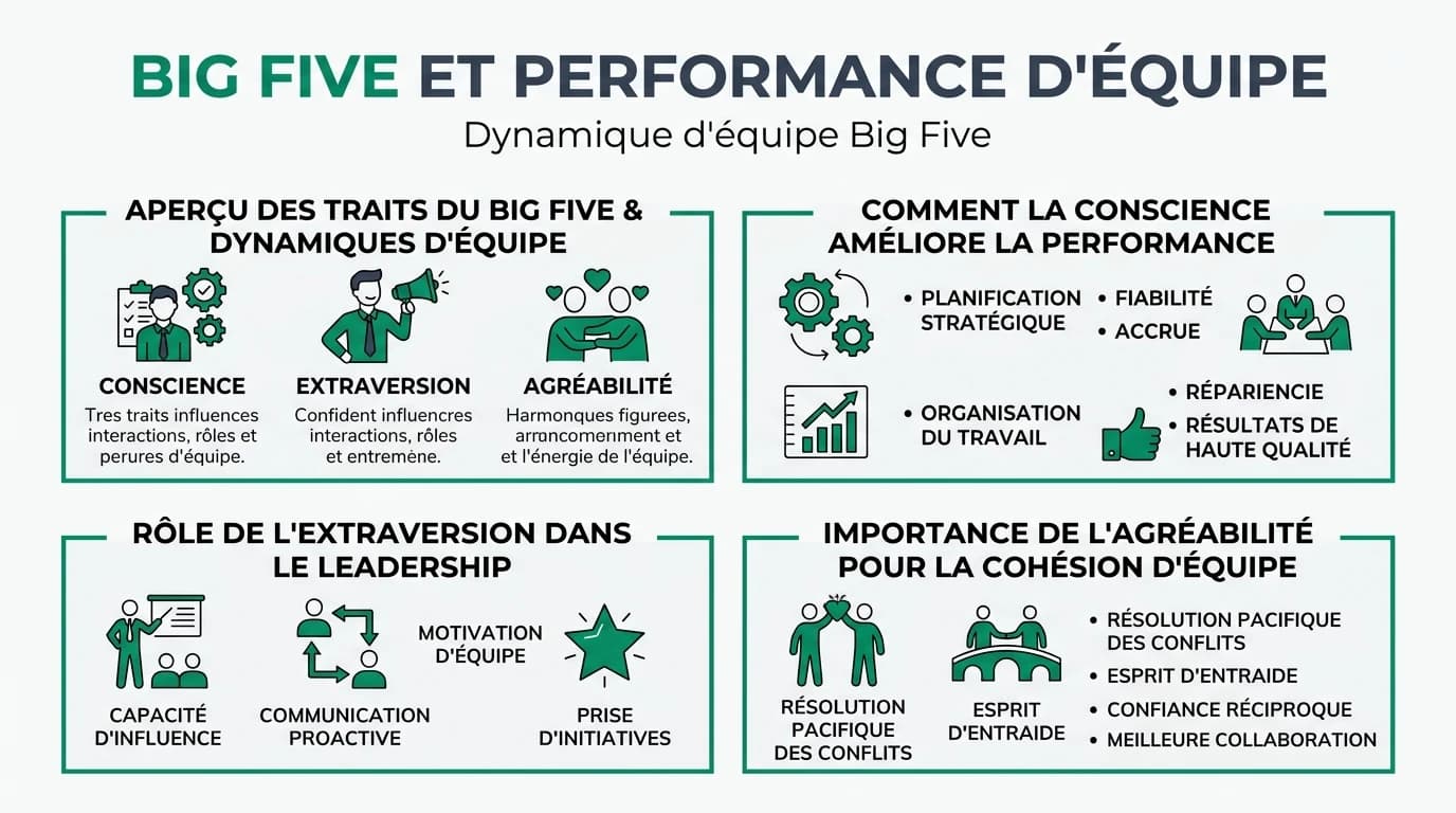 Illustration des traits de personnalité Big Five et leur impact sur la dynamique d'équipe au travail, mettant en avant la conscience, l'extraversion et l'agréabilité.