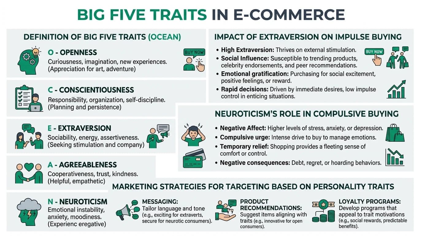 A detailed illustration showing how the Big Five personality traits affect online consumer behavior and marketing strategies.