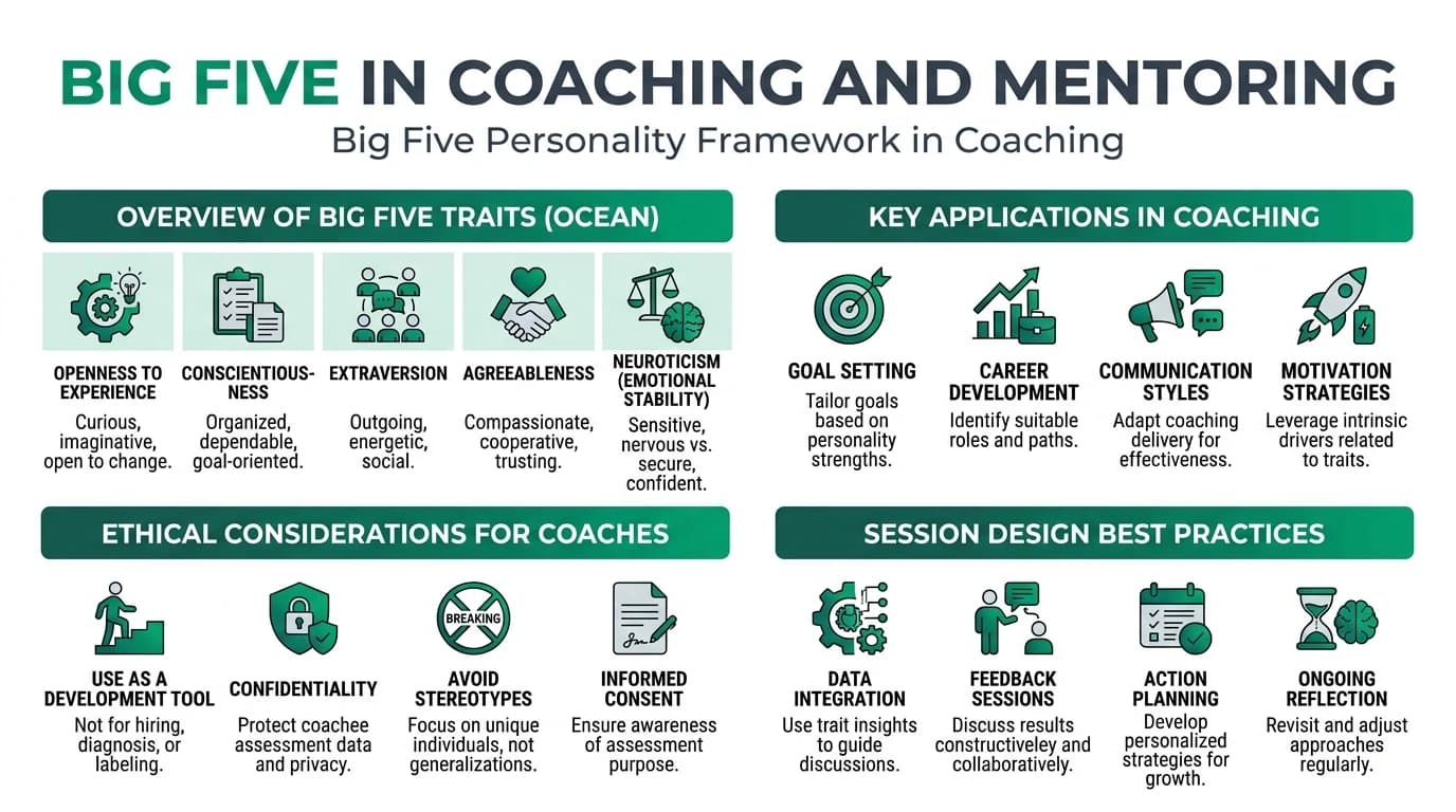 Diverse professionals in a coaching circle reviewing Big Five trait profiles on a shared screen to align mentoring goals, communication habits, and ethical feedback practices without reducing people to fixed labels.