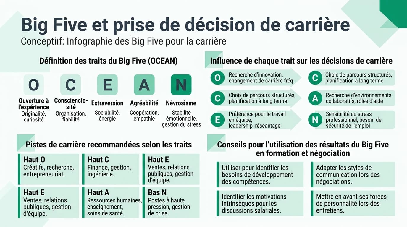 Infographie des cinq grands traits de personnalité (OCEAN) reliés aux choix de formation, aux pivots professionnels et à la négociation d'évolution, avec rappels sur les limites des scores et l'importance du contexte organisationnel.