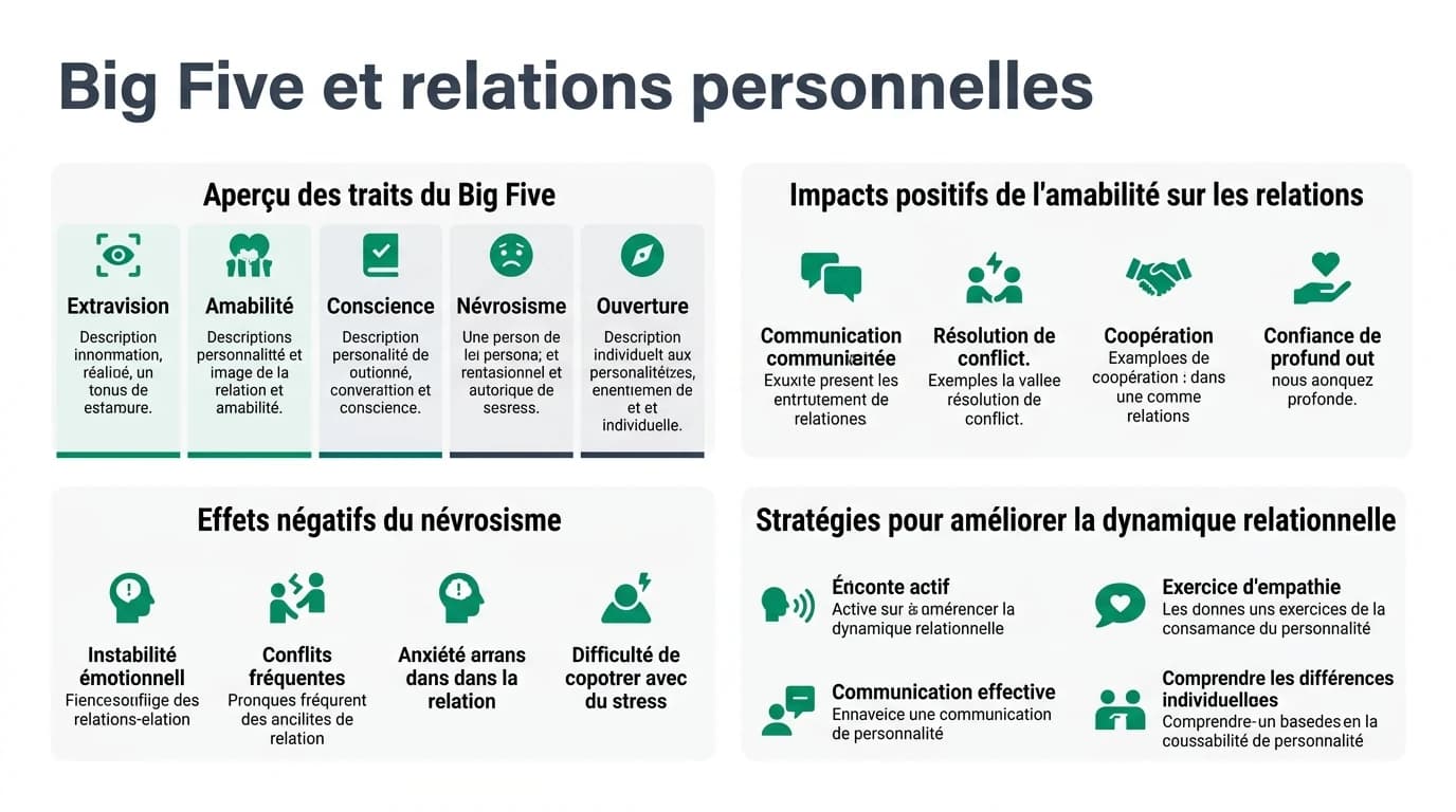 Illustration des cinq traits de personnalité Big Five influençant divers aspects des relations personnelles et sociales.