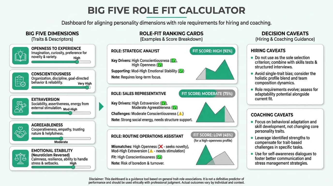 Dashboard-style visual with Big Five dimensions and role-fit output bars used as a concept image for an interactive personality decision support tool.