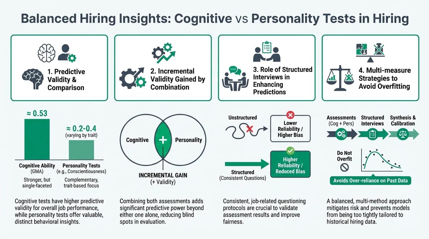 A balanced scale with cognitive ability on one side and personality tests on the other, illustrating the balance needed in hiring processes.