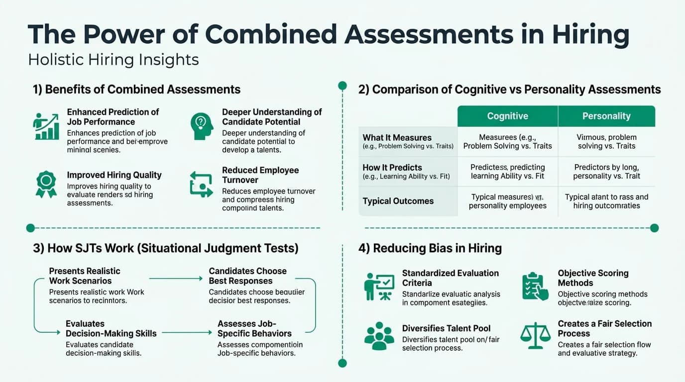 A diverse group of professionals discussing assessment results, illustrating the integration of personality and cognitive evaluations in hiring.