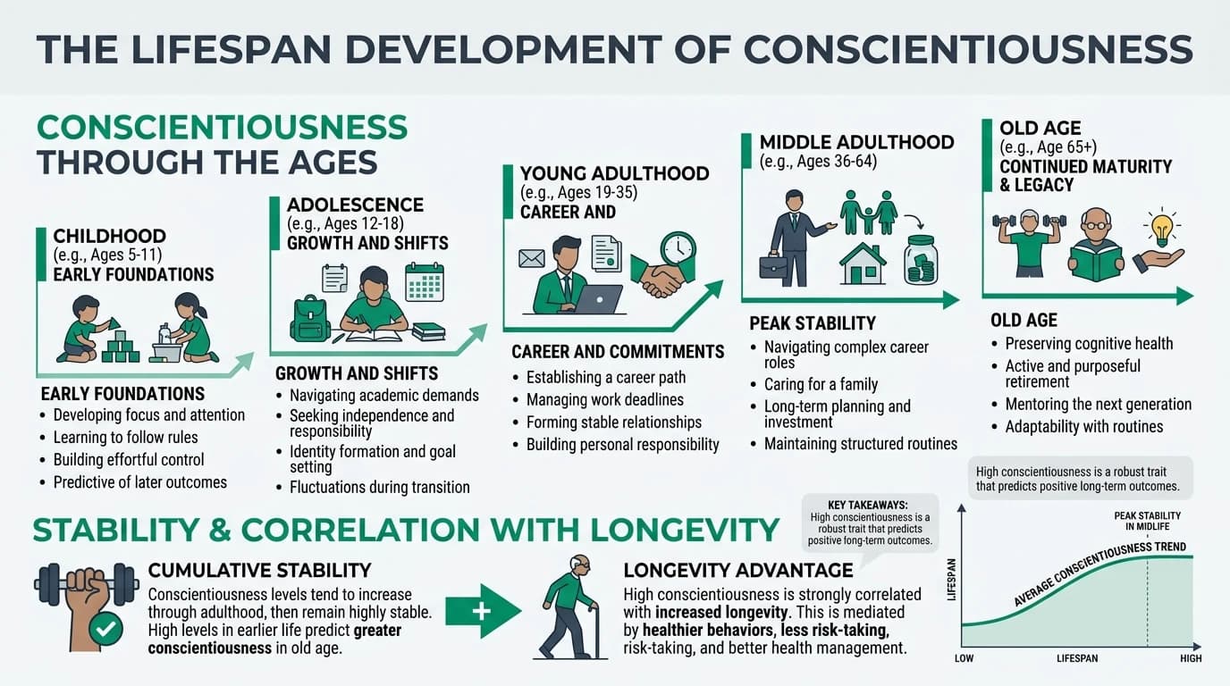 A graph showing the development of conscientiousness across different ages and its impact on health.