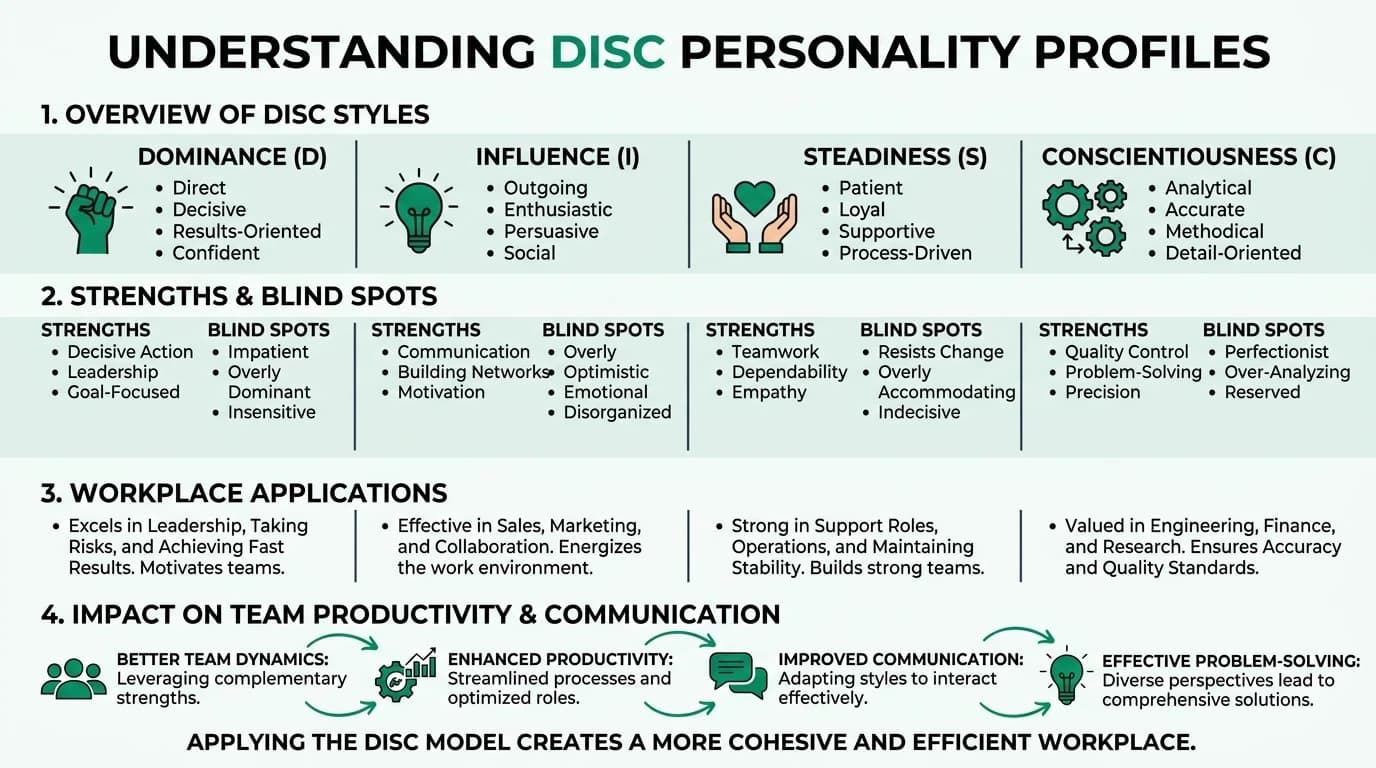 A comprehensive illustration of the DISC personality profiles showing Dominance, Influence, Steadiness, and Conscientiousness traits.