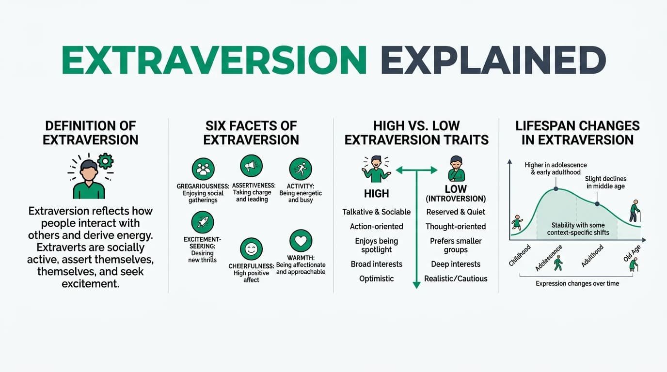 Visual guide to extraversion in the Big Five personality model showing the social energy spectrum from introversion to high extraversion with facet breakdowns and workplace applications