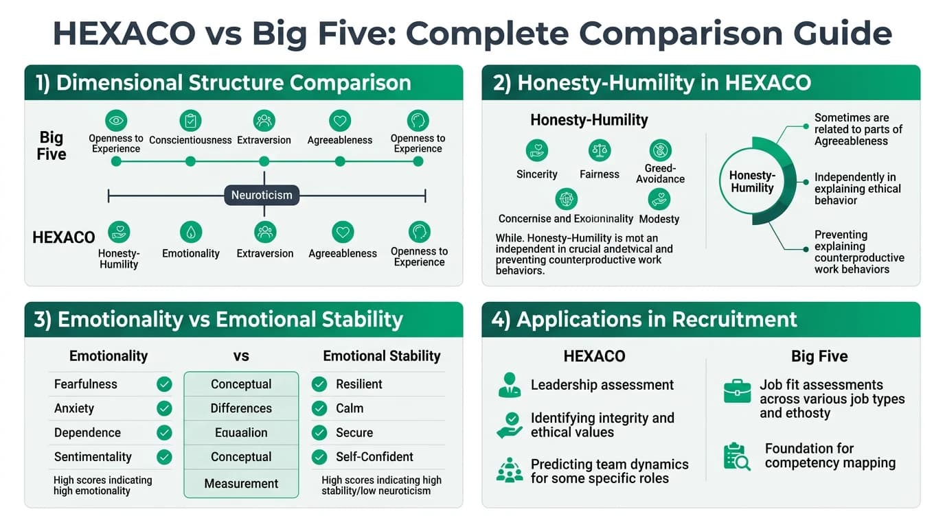 Side-by-side infographic comparing the six HEXACO personality dimensions with the five Big Five OCEAN dimensions, highlighting the unique Honesty-Humility factor