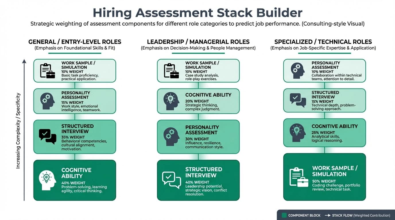 Infographic showing weighted hiring assessment stack components: cognitive tests, personality tests, structured interviews, and work samples by role context.