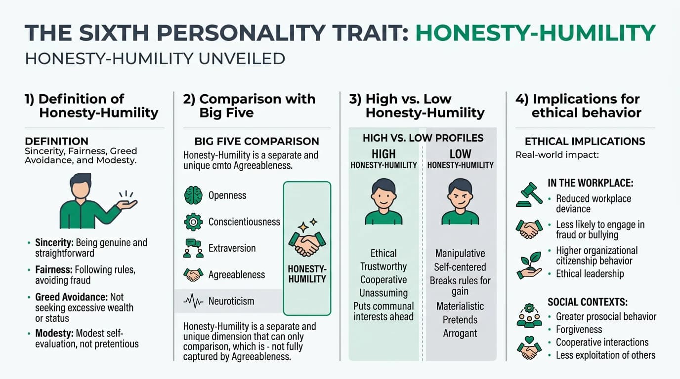 Diagram illustrating the four facets of Honesty-Humility — sincerity, fairness, greed avoidance, and modesty — and how they differ from Big Five Agreeableness