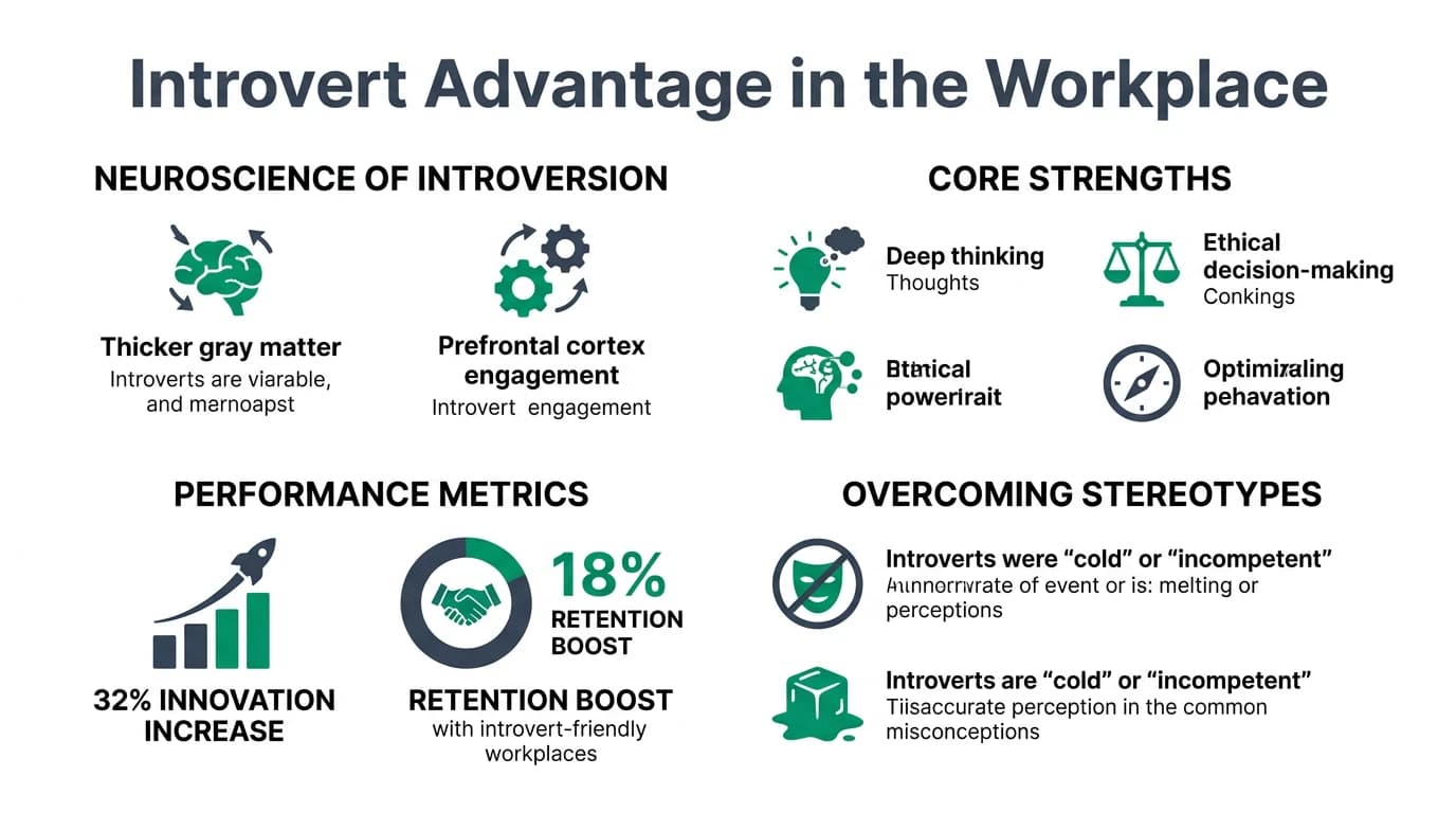 Comprehensive visual guide illustrating the neuroscience-backed advantages of introverts in the workplace including deep focus, ethical decision-making, pattern recognition, and leadership effectiveness, with data on innovation gains, retention improvements, and strategies for building introvert-friendly work environments