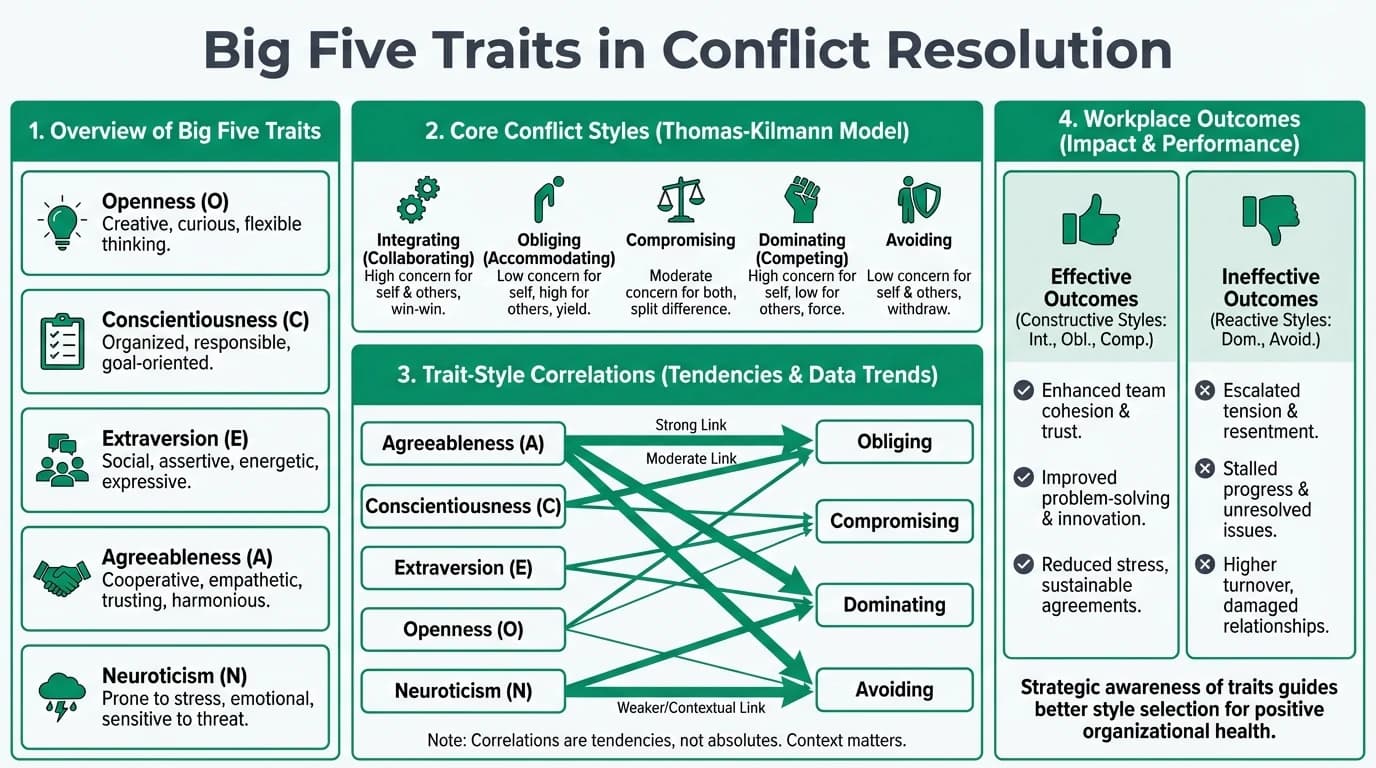 Illustration showing the Big Five personality traits and their impact on conflict resolution styles in a workplace setting.