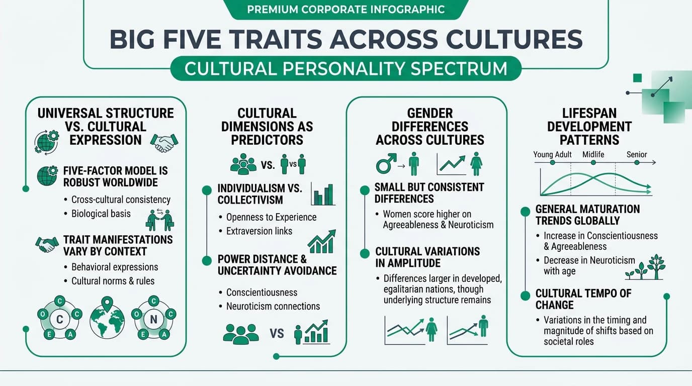 Comprehensive infographic comparing Big Five personality trait expression across world cultures and regions, showing how Hofstede cultural dimensions predict personality variation, gender patterns across developed and developing nations, lifespan development patterns, and strategies for effective cross-cultural communication in international workplace settings
