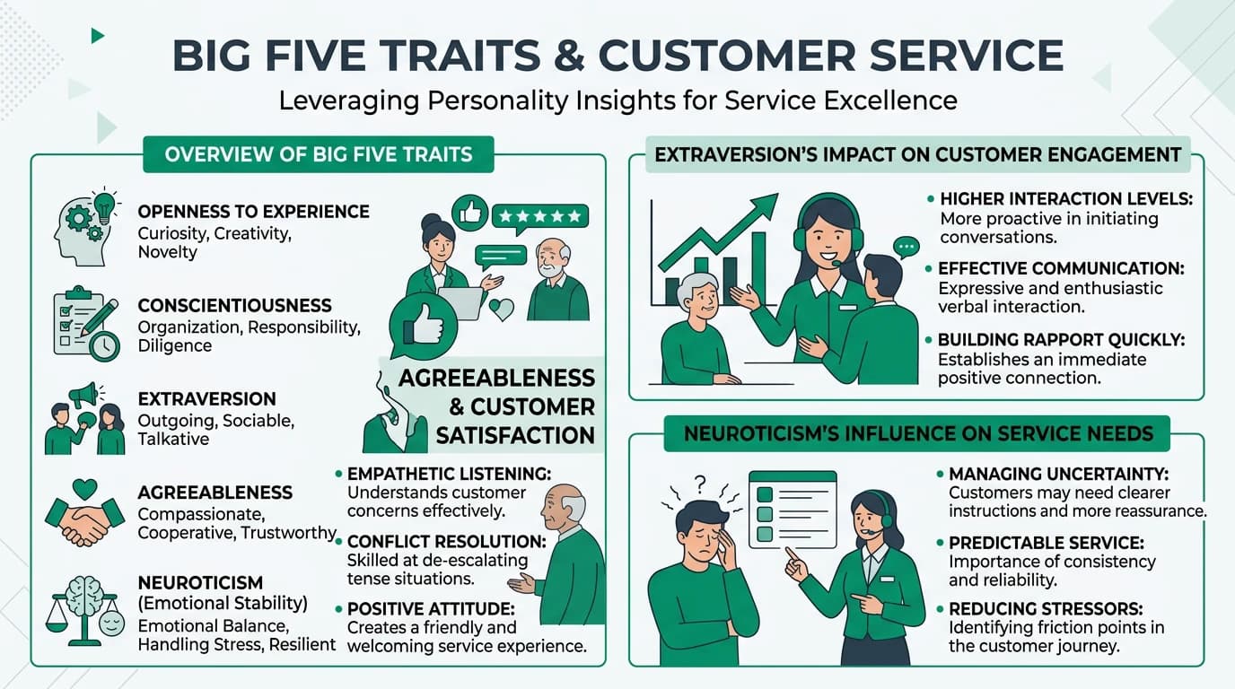 Infographic showing how the Big Five personality traits — openness, conscientiousness, extraversion, agreeableness, and neuroticism — influence customer service excellence and consumer satisfaction in retail environments