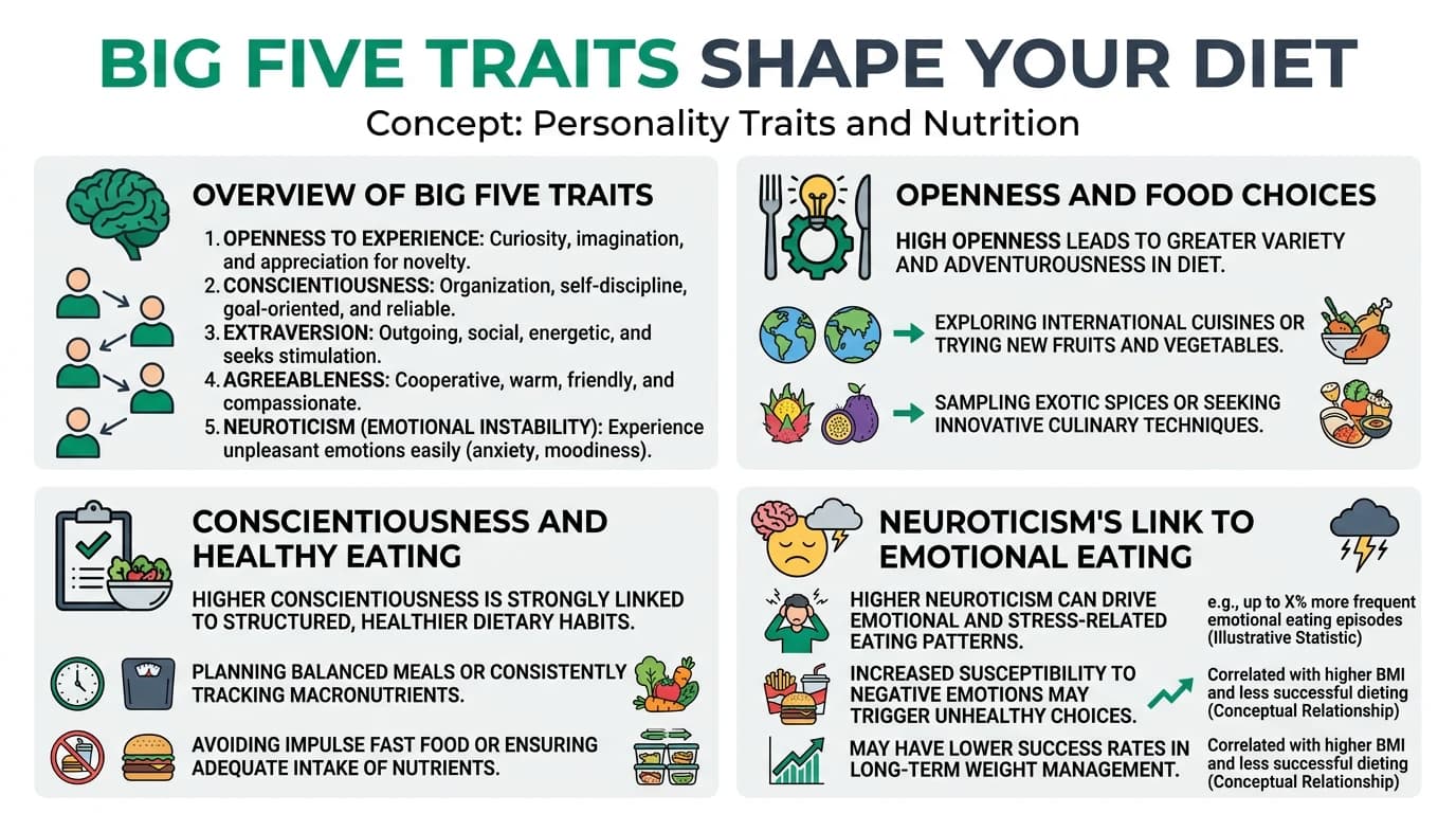 Colorful infographic displaying how each Big Five personality trait influences dietary choices, showing food icons alongside conscientiousness, neuroticism, extraversion, agreeableness, and openness labels