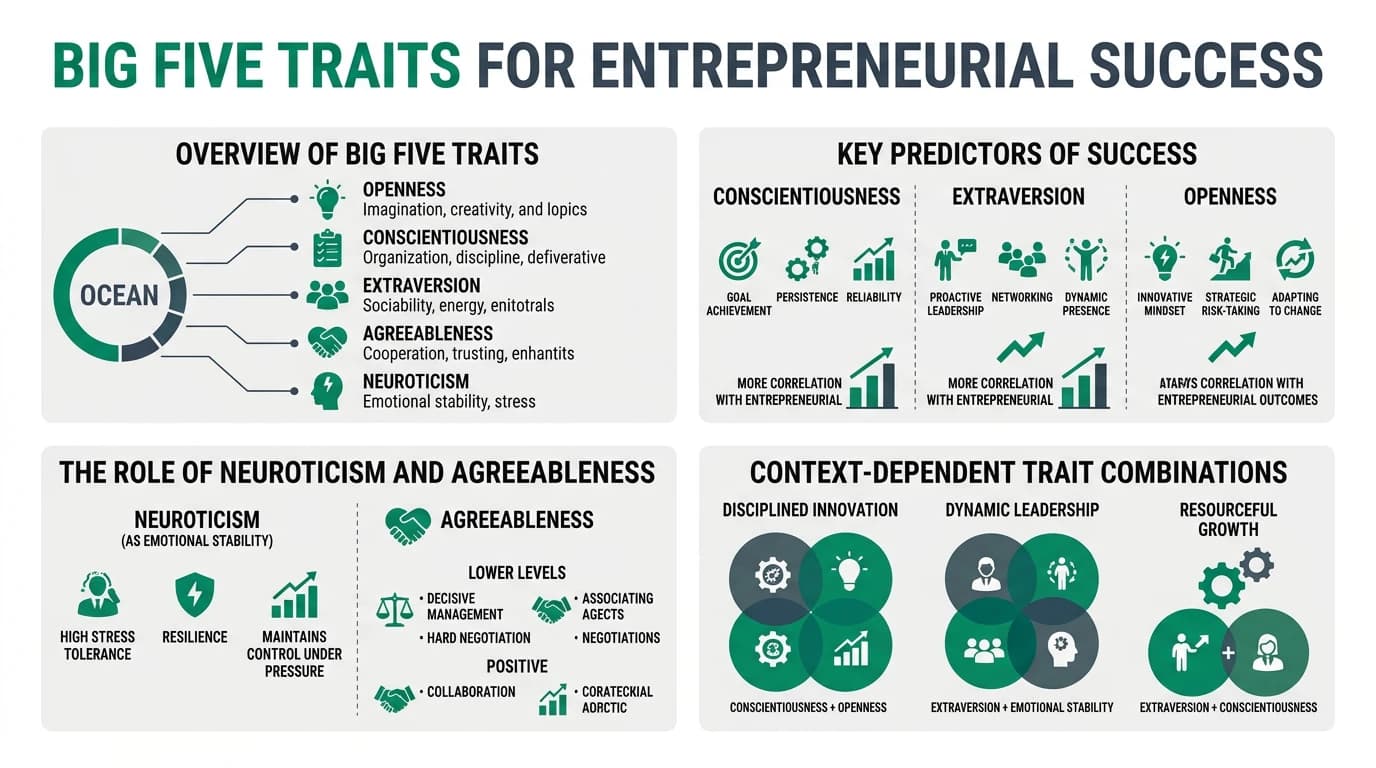 Professional infographic mapping the five Big Five personality dimensions to entrepreneurial success factors with emerald icons and data-driven layout