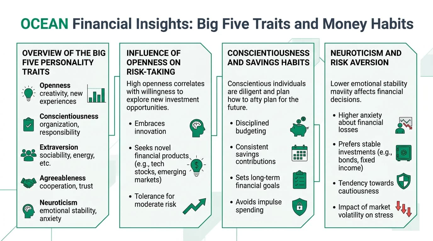 Comprehensive infographic illustrating how each of the five OCEAN personality traits influences financial behaviors including risk tolerance, savings discipline, investment overconfidence, and debt management patterns