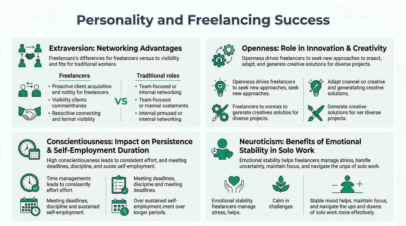 A diverse group of freelancers working independently, showcasing various personality traits that contribute to their success.