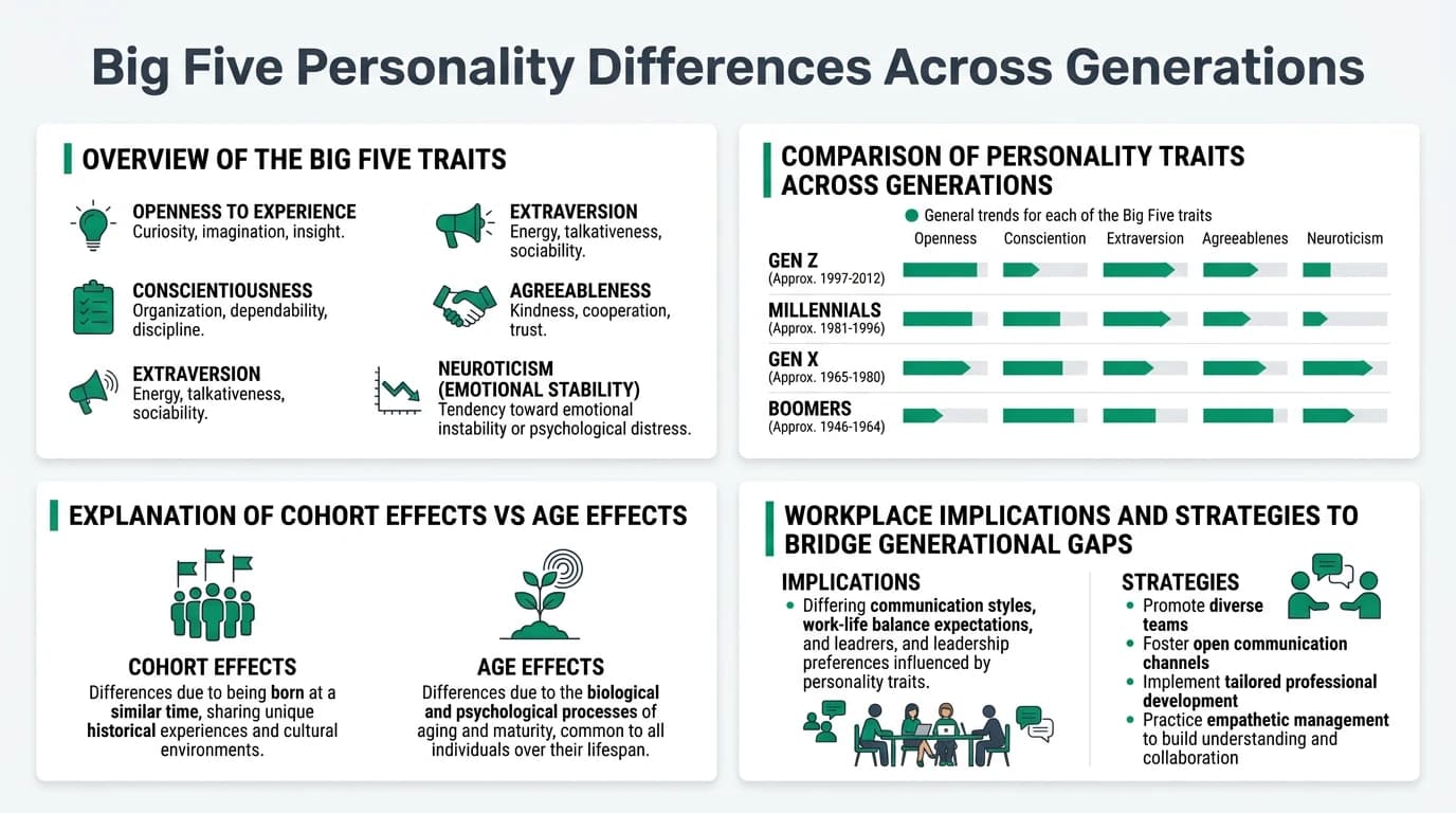 A comprehensive comparison of Big Five personality traits across Gen Z, Millennials, Gen X, and Boomers, highlighting cohort and age effects.