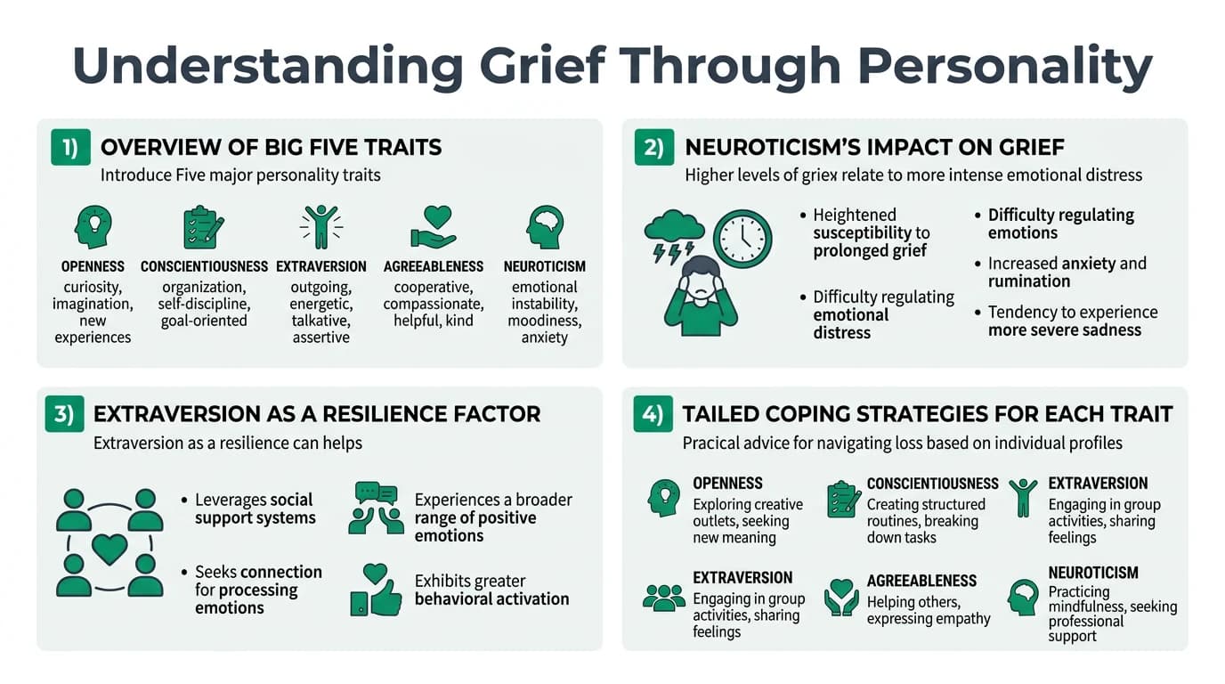 Illustration showing the Big Five personality traits and their influence on grief responses and coping mechanisms.