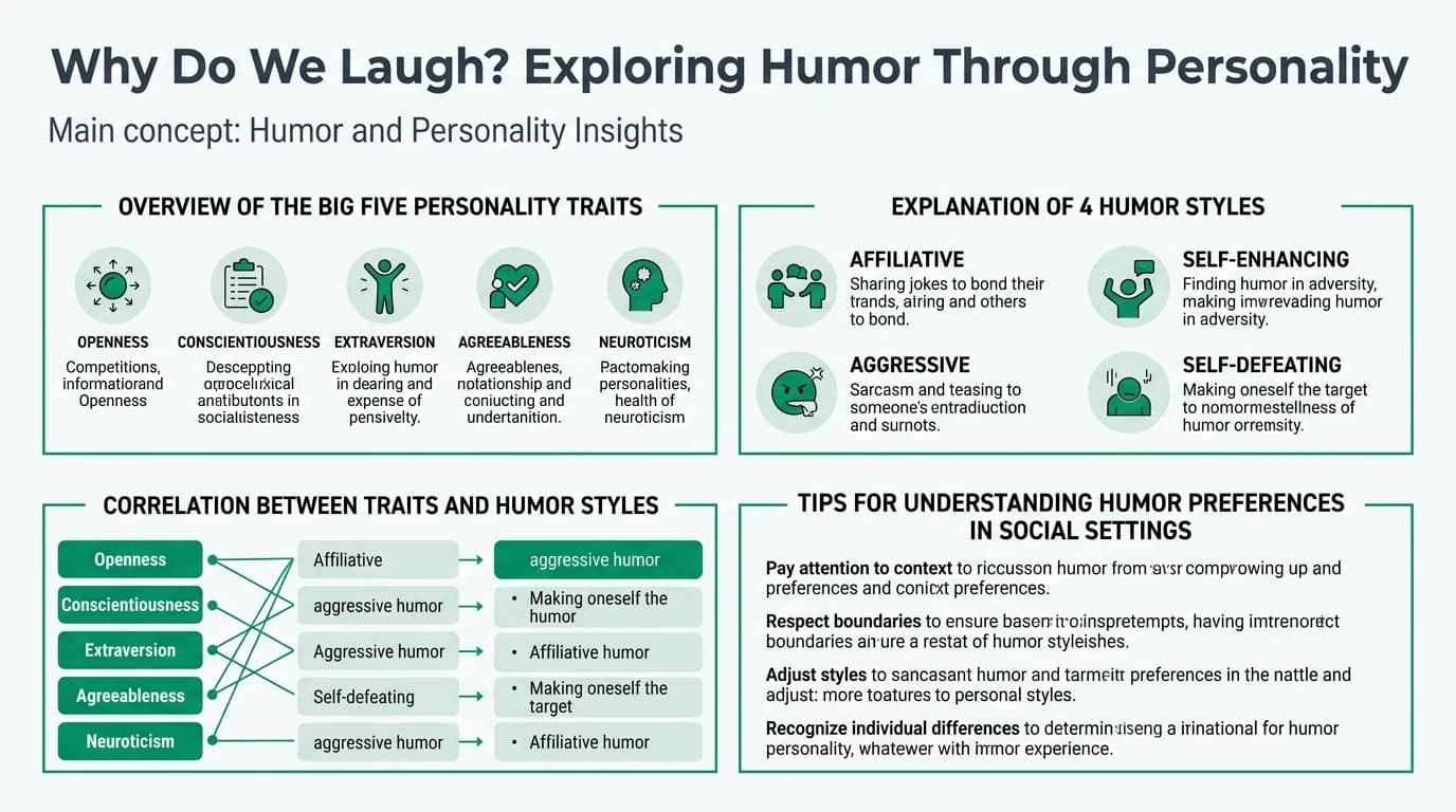 Illustration showing diverse people laughing at different types of humor, representing the Big Five personality traits.
