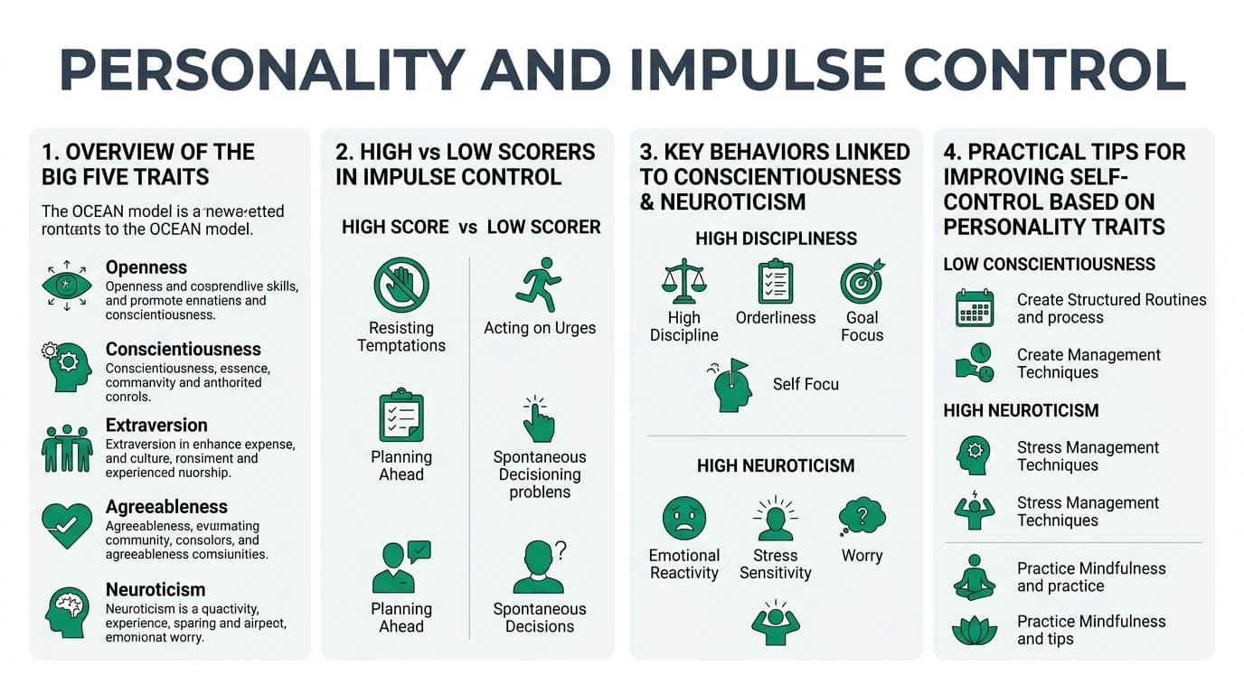 Illustration depicting the Big Five personality traits and their influence on impulse control and decision-making.