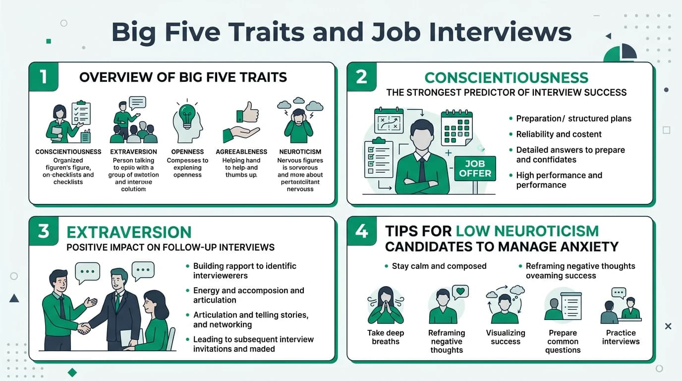 Comprehensive infographic showing how each of the Big Five personality traits predicts job interview outcomes including preparation behaviors, in-room performance, follow-up actions, and the correlation strength of each trait with receiving job offers across different occupations and industries