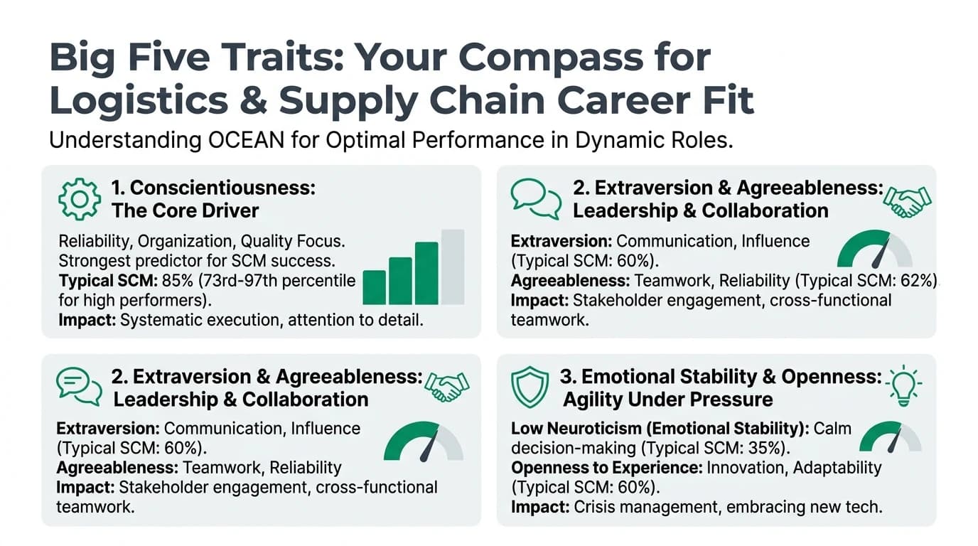 A diverse group of logistics and supply chain professionals collaborating in a modern warehouse setting, discussing inventory and operations, with a subtle overlay of Big Five personality trait icons.