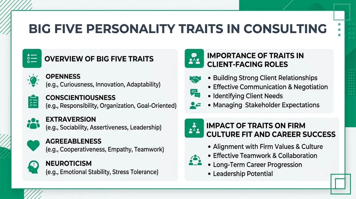 An illustrative depiction of the Big Five personality traits and their relevance in consulting careers, highlighting client interactions and firm culture.