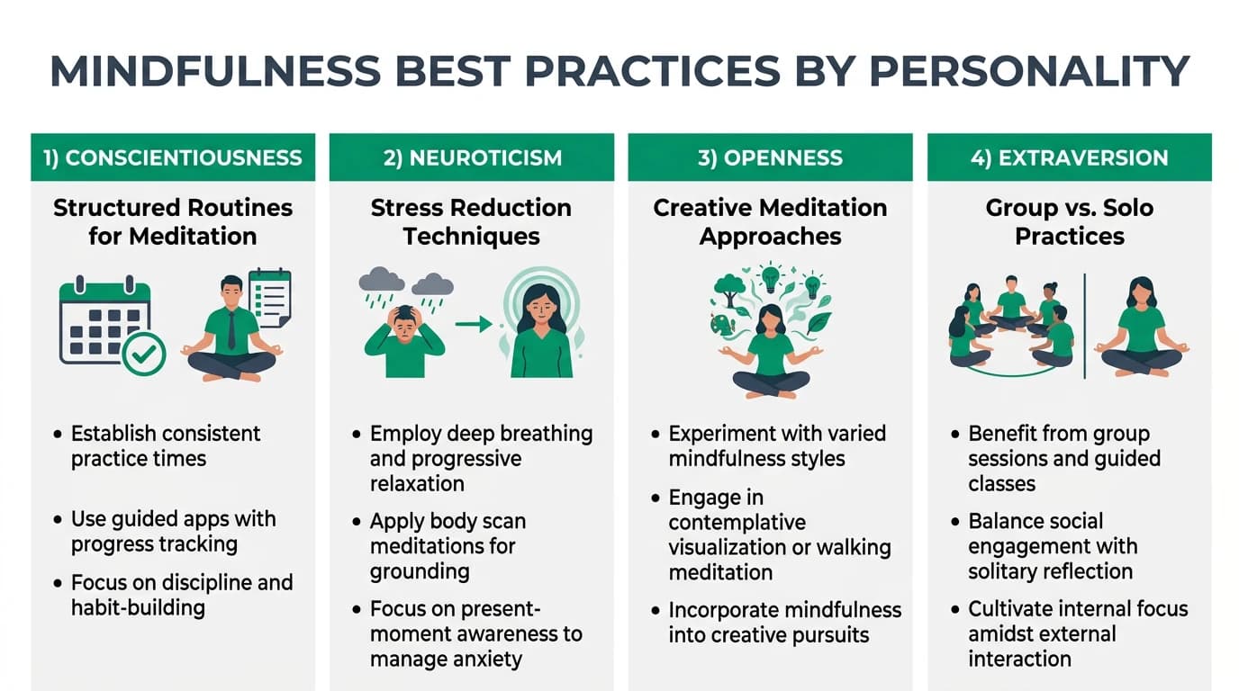 A diverse group of individuals practicing meditation in a serene environment, reflecting various personality traits.