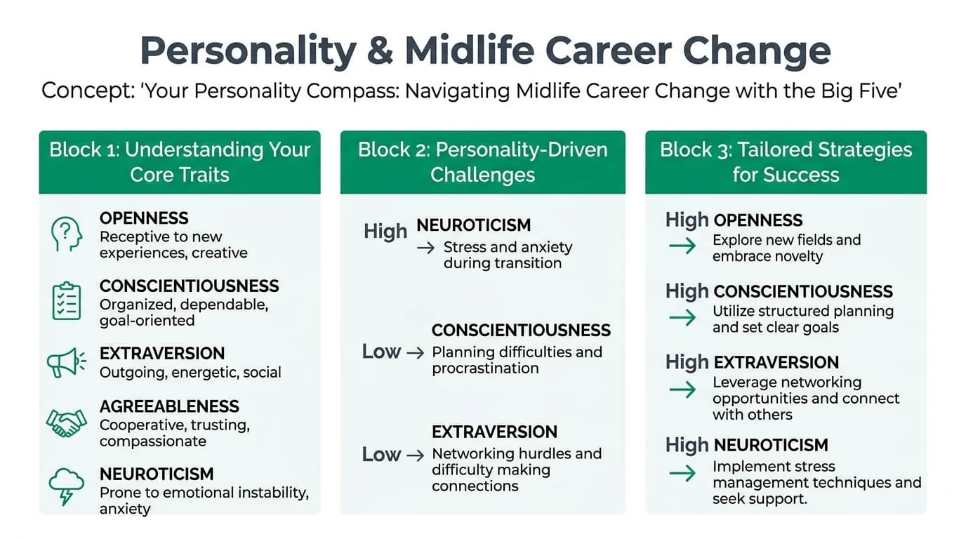 A person in their midlife thoughtfully considering different career paths represented by diverging roads, symbolizing the decision-making process during a midlife career change, with subtle visual cues of personality traits influencing their choice.