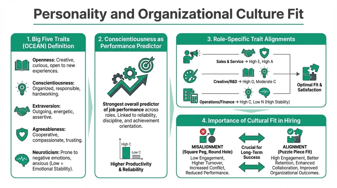 Illustration depicting the alignment of Big Five personality traits with organizational culture in a workplace setting, showing how Openness, Conscientiousness, Extraversion, Agreeableness and Neuroticism influence job fit and team dynamics.