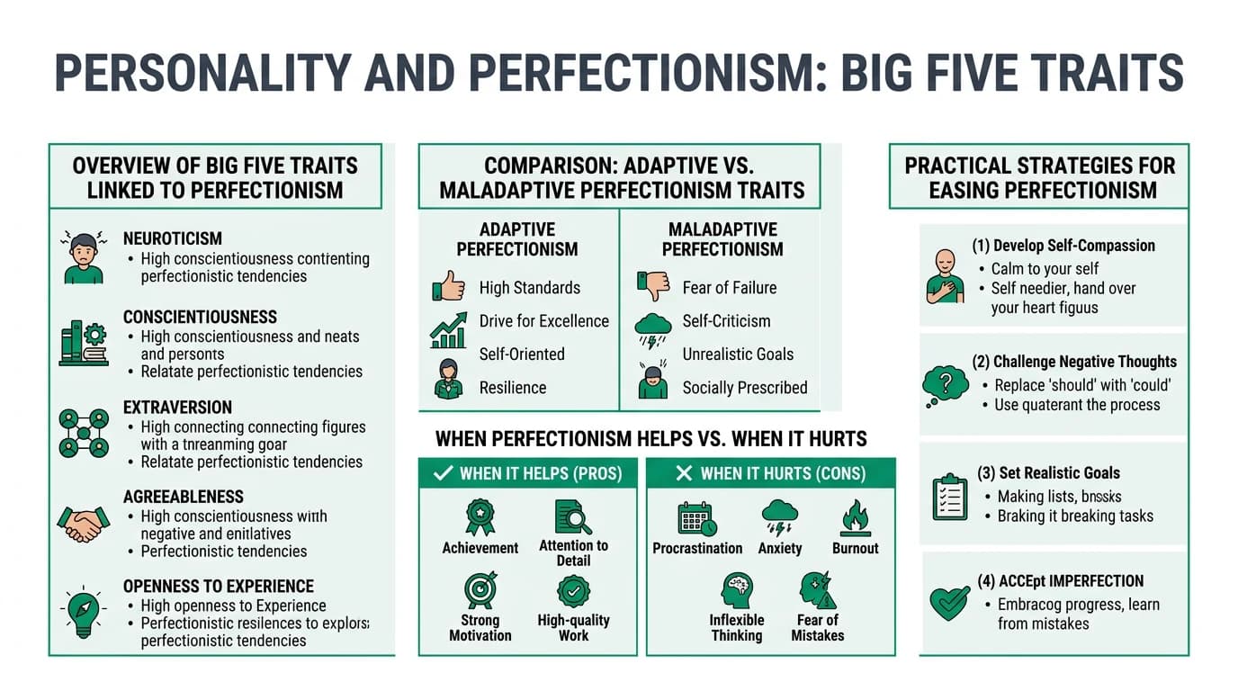 Illustration of personality traits influencing perfectionism, with symbols representing the Big Five traits.