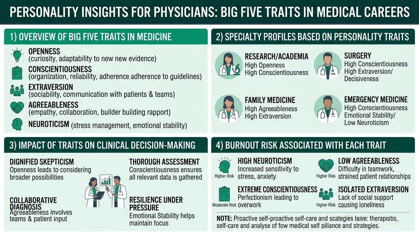 A diverse group of doctors discussing patient care, illustrating the role of personality traits in medical practice.