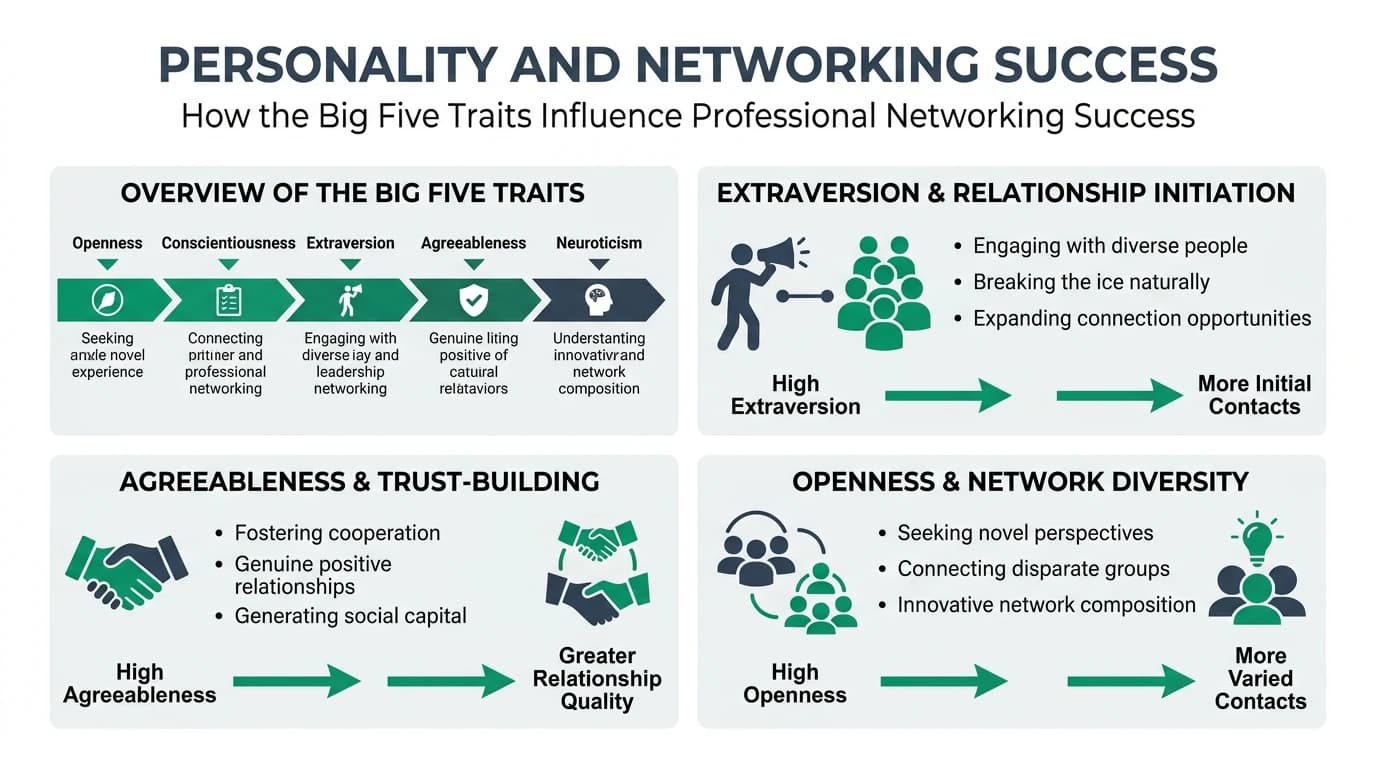 Various personality traits influencing professional networking success and career introductions.