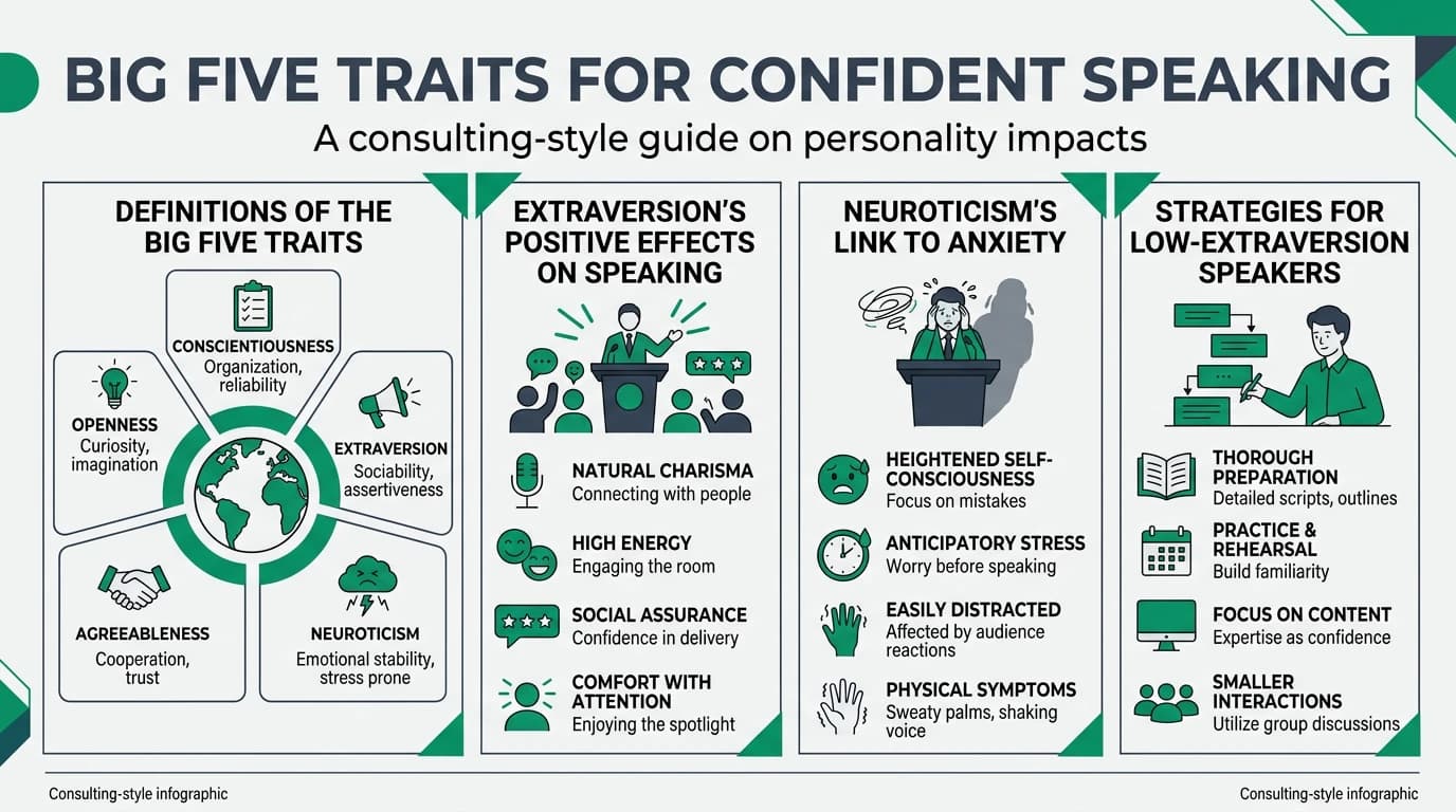 Diagram illustrating how the Big Five personality traits — extraversion, neuroticism, conscientiousness, openness, and agreeableness — influence public speaking confidence, anxiety, and presentation performance