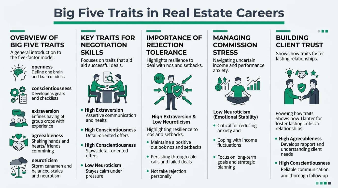 Real estate agents discussing with clients, showcasing the importance of personality traits in negotiations and trust-building.