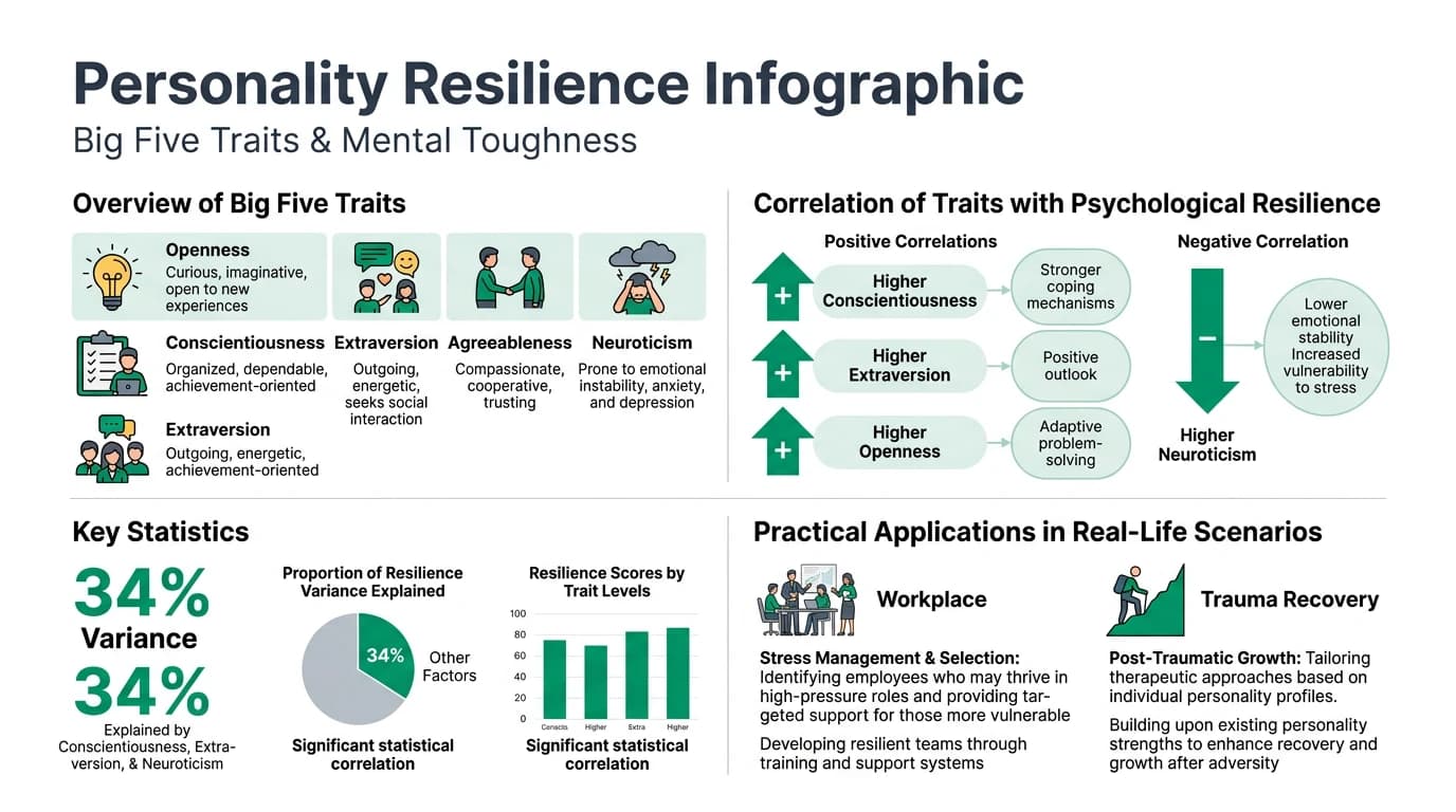 Infographic showing how each of the five Big Five personality traits contributes to psychological resilience and mental toughness with research-backed correlation data