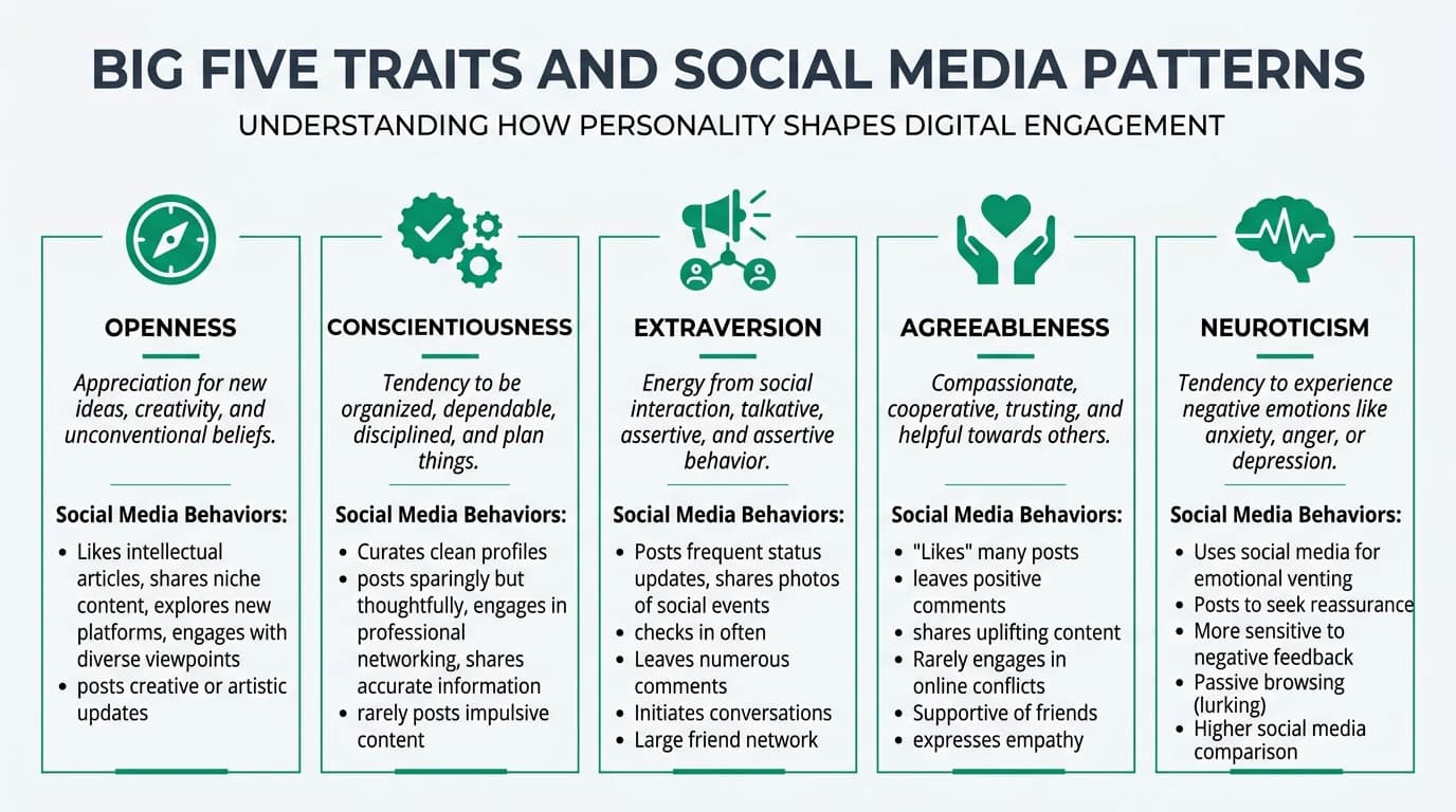 Professional infographic mapping the five Big Five personality dimensions to distinct social media behavior patterns with emerald accent icons and platform examples
