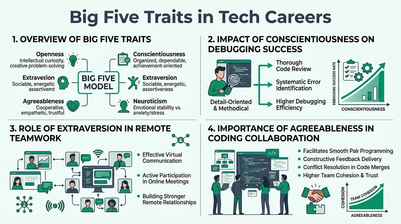 Illustration of software engineers collaborating remotely, highlighting personality traits influencing teamwork and leadership.