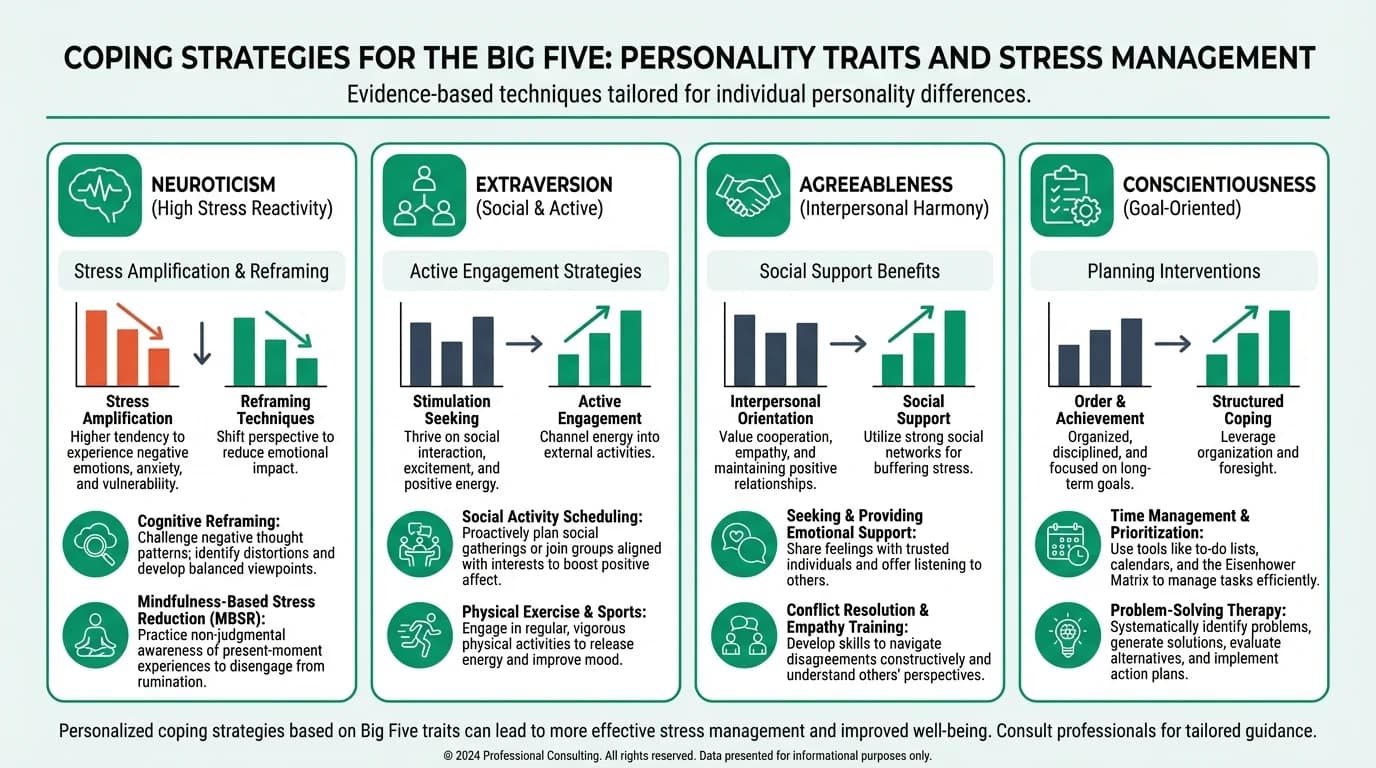 A diverse group of individuals engaging in various stress management activities, reflecting different personality traits.