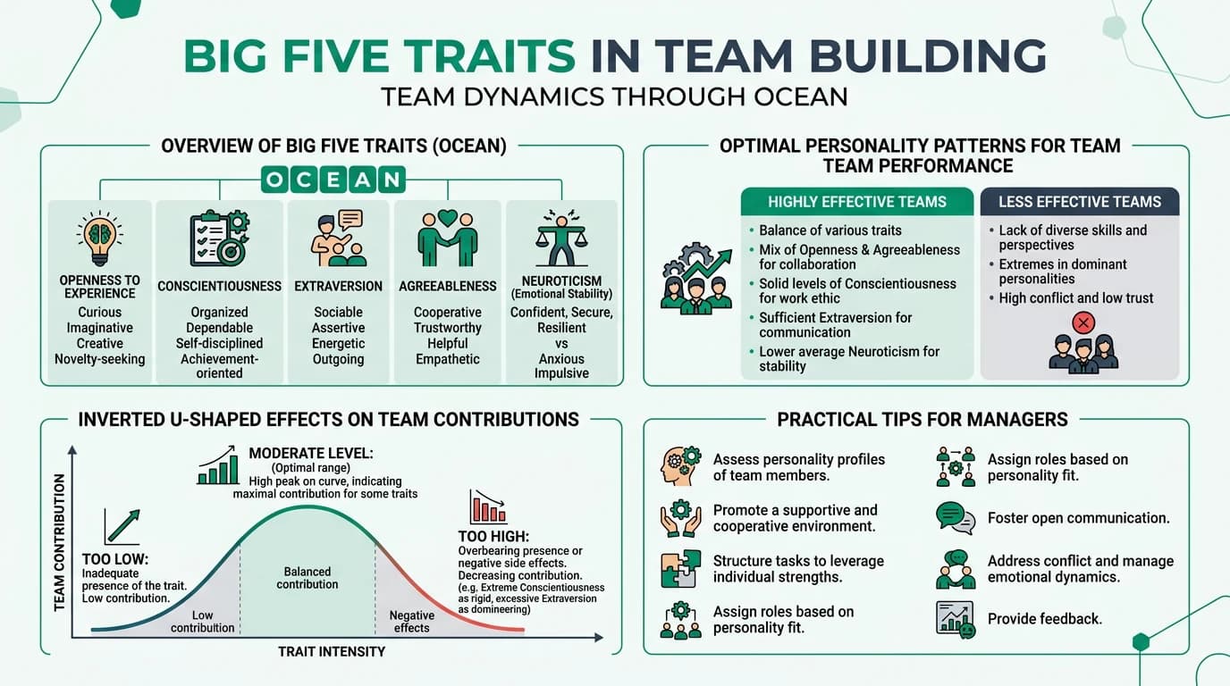 Practical infographic illustrating how the Big Five personality traits shape team dynamics, role assignments, and leadership strategies for building effective workplace teams