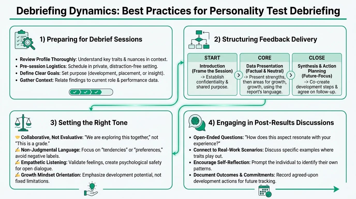 Infographic on personality test debriefing best practices: preparation, feedback structure, tone setting, ethical considerations, and integration with other assessment methods for HR professionals.