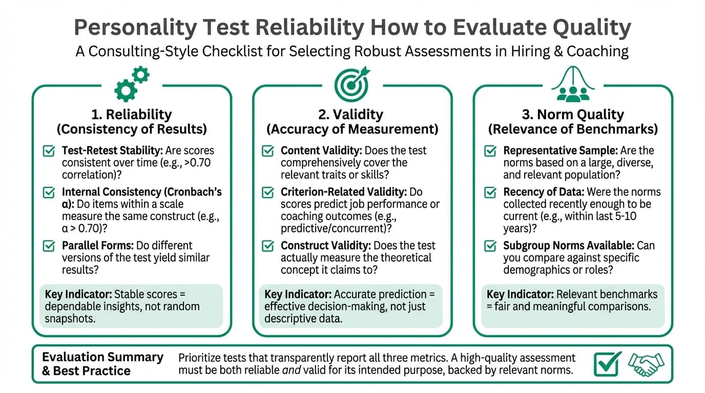 Checklist-style infographic showing the three core quality pillars for personality assessment: reliability, validity, and norm quality, with warning signals for weak instruments.