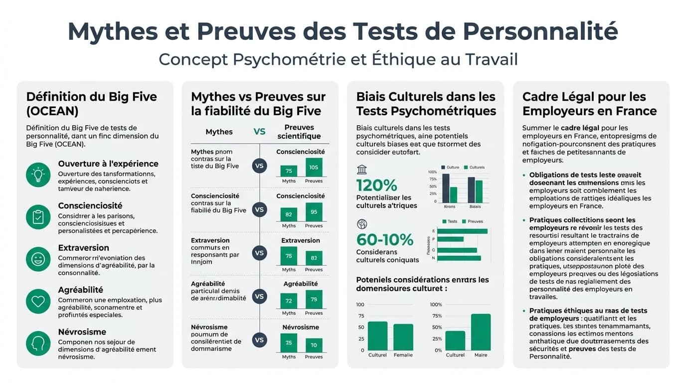 Infographic explaining personality dimensions, professional use cases, and interpretation safeguards to avoid simplistic or biased conclusions from score profiles.