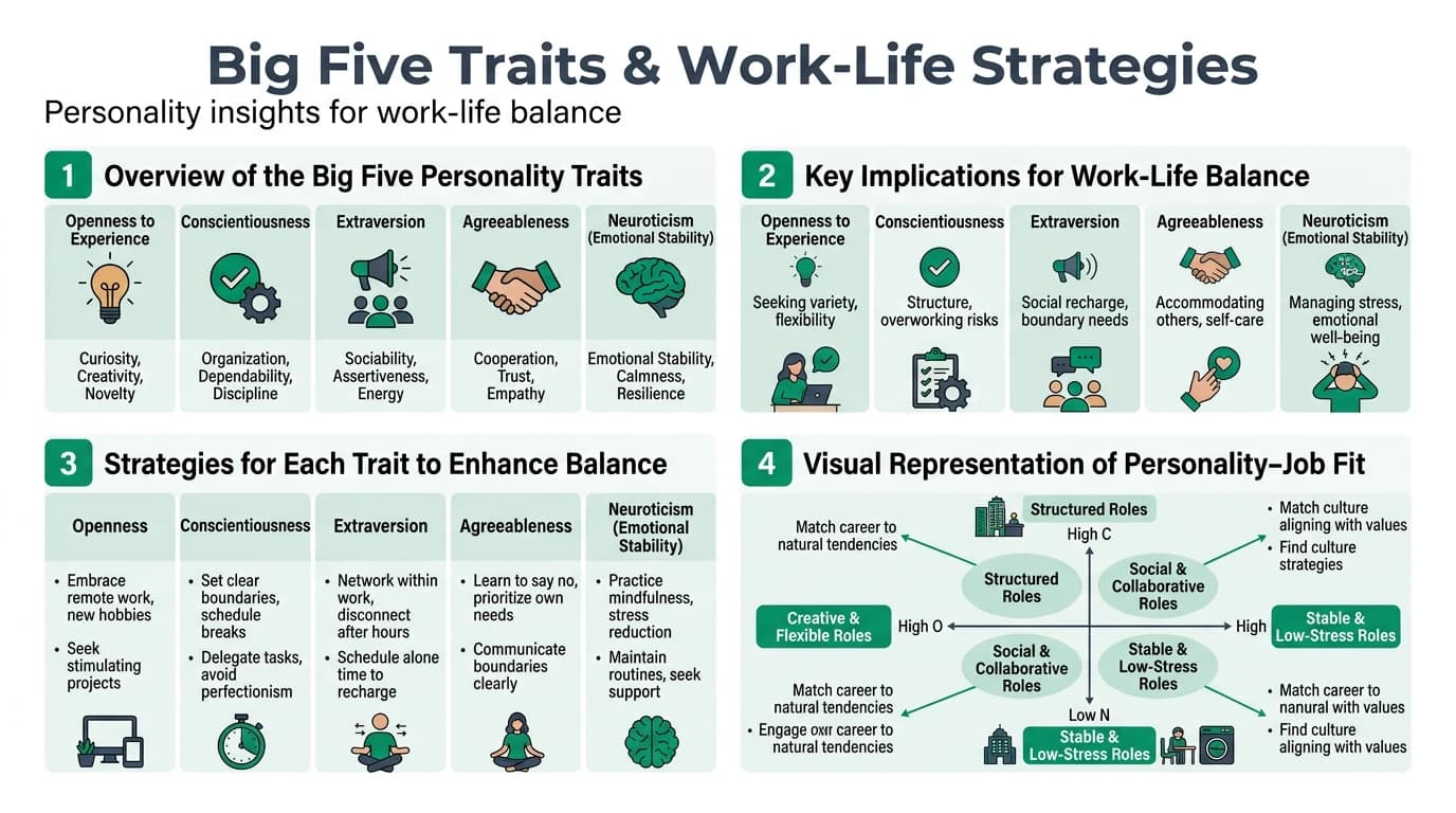 Infographic showing how each Big Five personality trait influences work-life balance outcomes including boundary-setting, burnout risk, and job satisfaction strategies