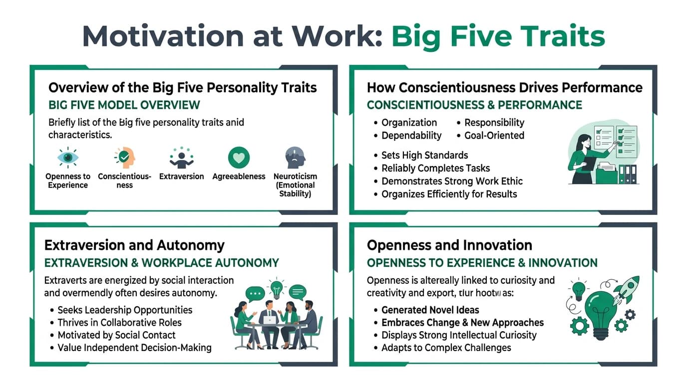 Detailed visual guide showing how each of the five Big Five personality traits connects to distinct workplace motivational pathways including achievement striving, autonomy seeking, relationship building, and stress management with practical job design implications for leaders and HR professionals