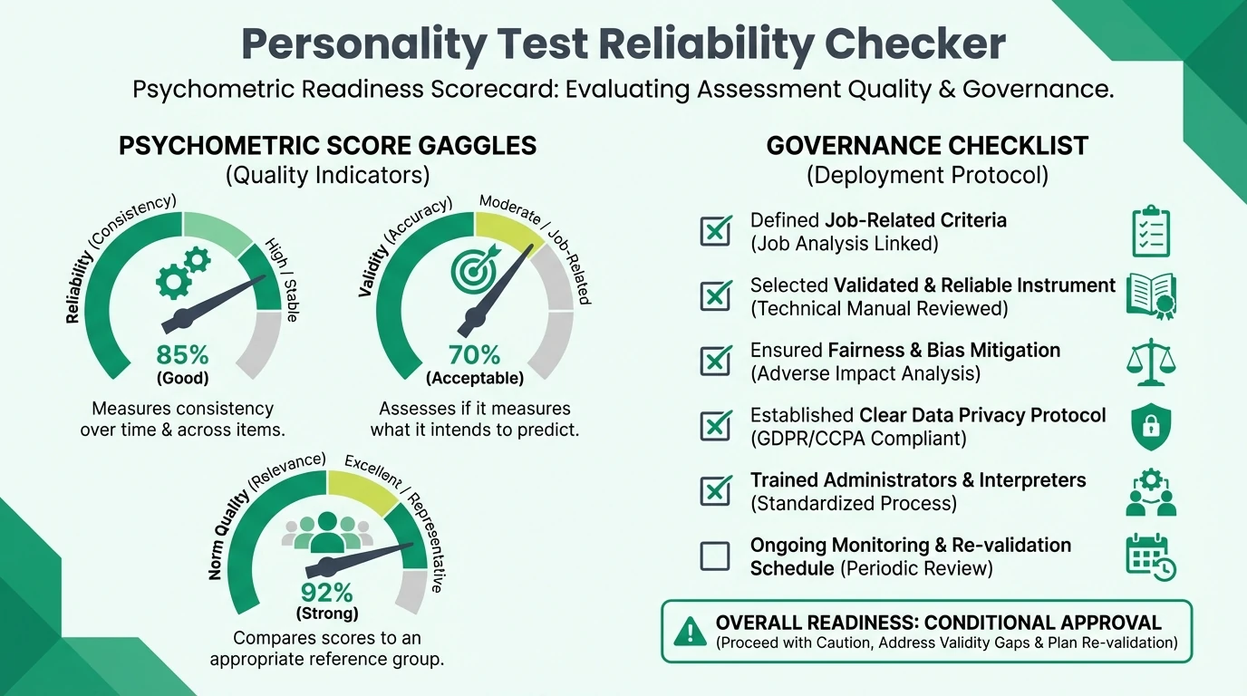 Assessment quality infographic with reliability and validity gauges, governance checklist, and readiness score thresholds for personality test deployment.